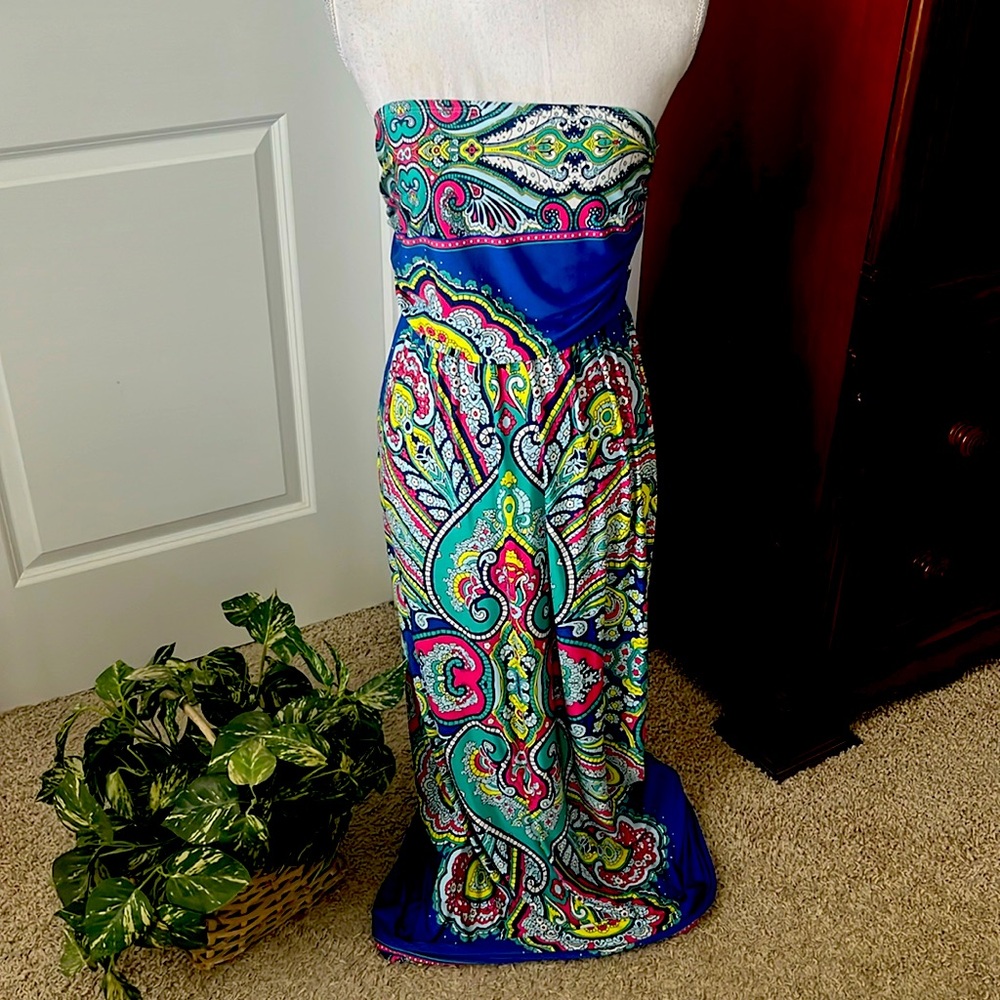 Staccato Blue Multi-Color Strapless Maxi Dress